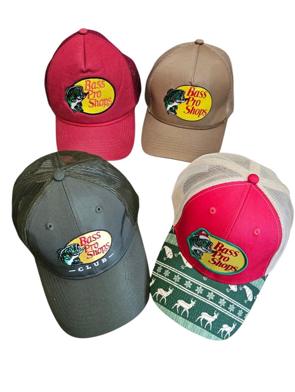 Bass Pro Shops Lot Of 4 Trucker Hats Mesh Back Snapback Christmas Outdoor NWOT